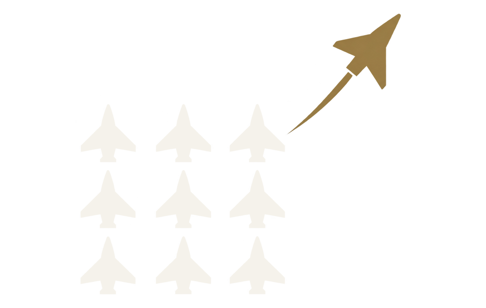 Nine aircraft in formation with a tenth aircraft peeling away